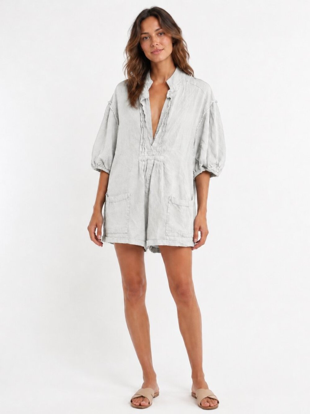 Free People Tomboy Gray Linen Oversized Slouchy Puff Sleeve Romper Sz